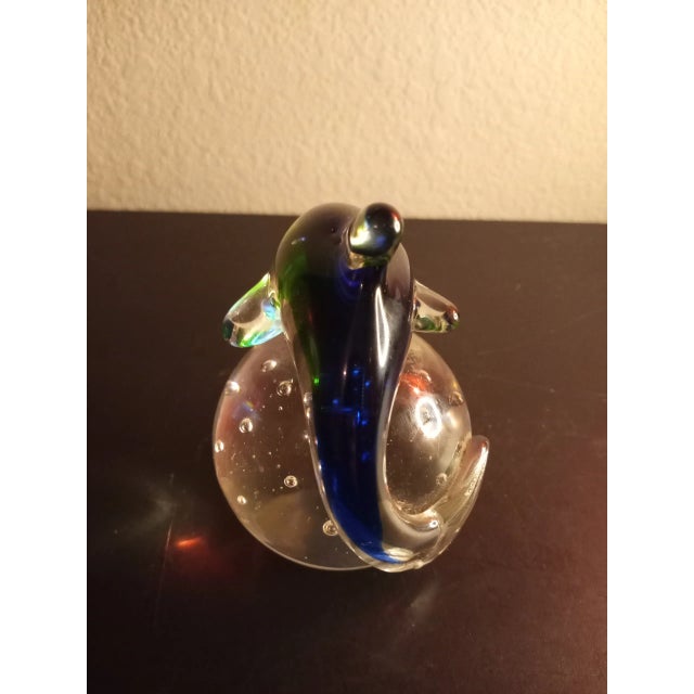 Contemporary 1980s Blue & Green Art Glass Dolphin on Clear Bullicante Paperweight For Sale - Image 3 of 7