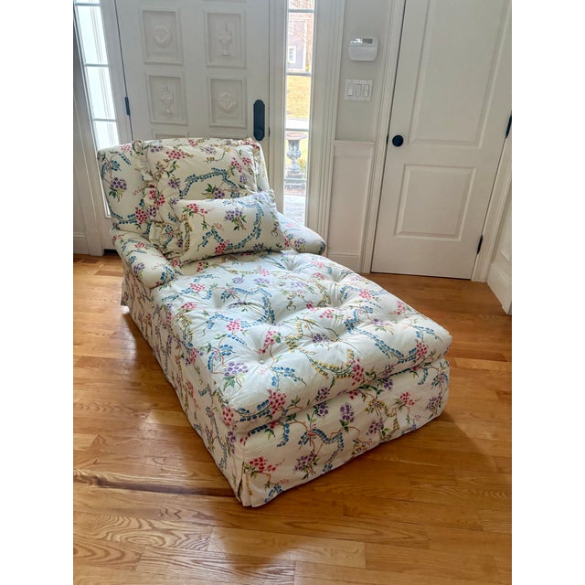 Gorgeous oversized upholstered chaise lounge in Brunschwig & Fils botanical colorful chintz fabric. The chaise is made...
