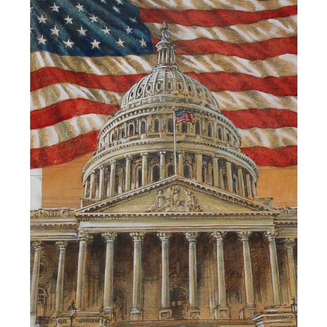 Presented is “U.S. Flag Behind Capitol,” an original mixed-media painting by American artist Ron Sloan. The drawing shows...