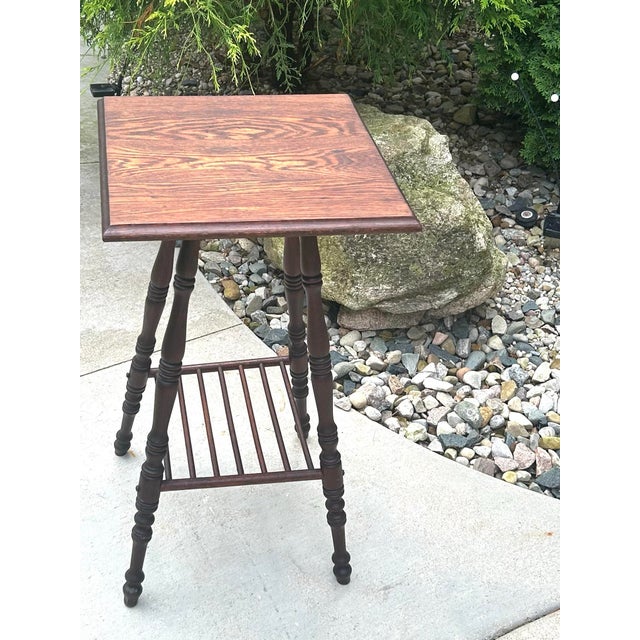 Antique, Dark Oak, Victorian-Style, Accent Table With Spool-Turned Legs and a Slatted Shelf, 1890’s For Sale In South Bend - Image 6 of 12