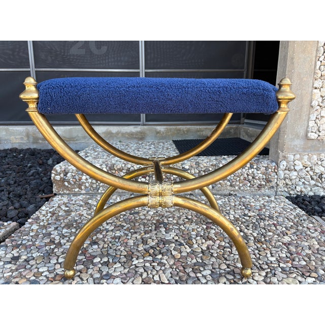 Italian Modern Brass Bench. Offered is a great Italian mid century brass curule style bench newly upholstered in a...