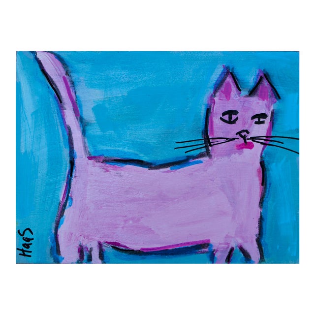Contemporary Art, Pink Cat, Acrylic Mixed Media Painting For Sale