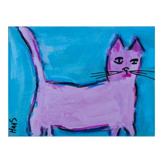 Contemporary Art, Pink Cat, Acrylic Mixed Media Painting - Grandmillennial For Sale