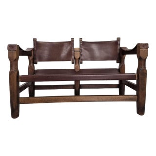 Spanish Brutalist Safari Bench in Brown Leather For Sale