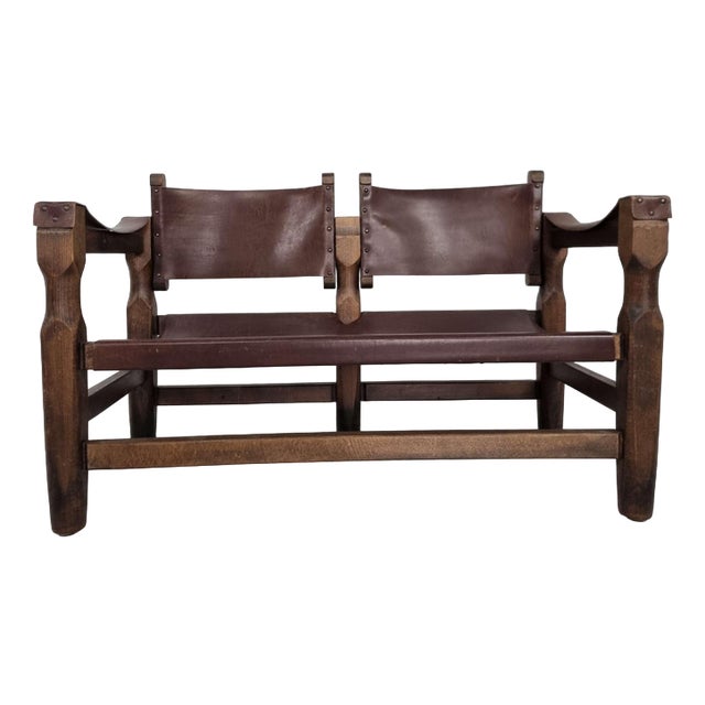 Spanish Brutalist Safari Bench in Brown Leather For Sale