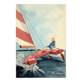 Solo Race in a Catamaran - Adventure Illustration in Watercolor and Ink on Paper by Edward T. Liljenwall For Sale
