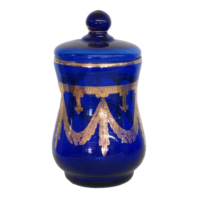 Arte Italica Medici Cobalt Blue and Gold Glass Biscuit Cookie Jar With Lid For Sale