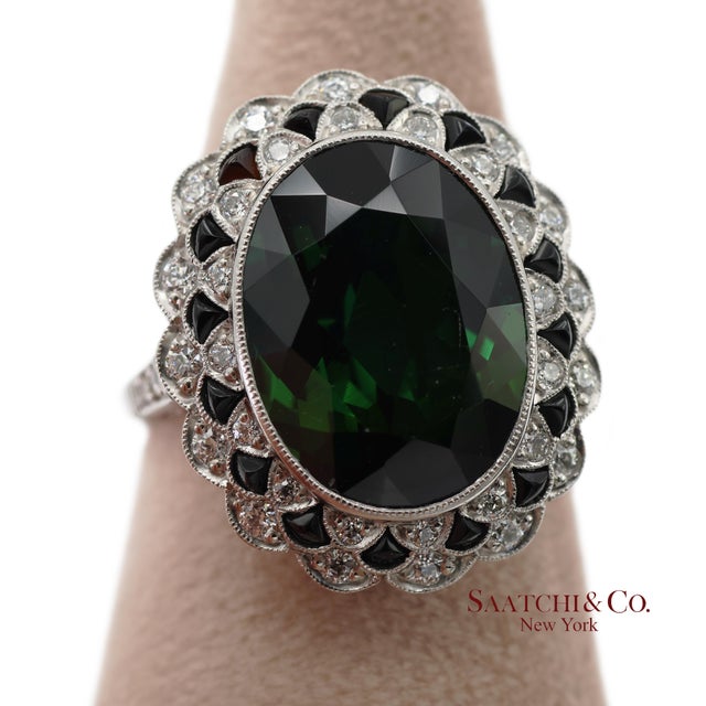 Vintage Platinum 950 Milgrain Natural Diamond and Tourmaline Ring, Size 7 For Sale - Image 9 of 12