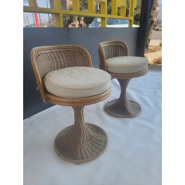 Wood Rattan Wicker Swivel Vanity Stool For Sale - Image 7 of 9