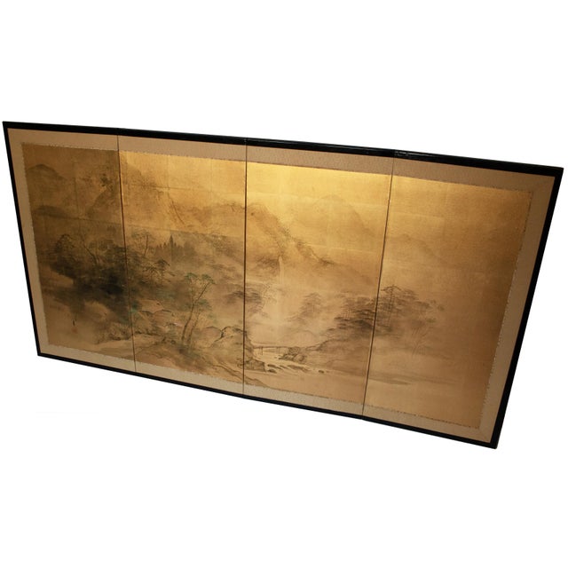 Japanese 1960s Shōwa Era Japanese Byobu Screen "Landscape With Bridge" on Gold Background For Sale - Image 3 of 18