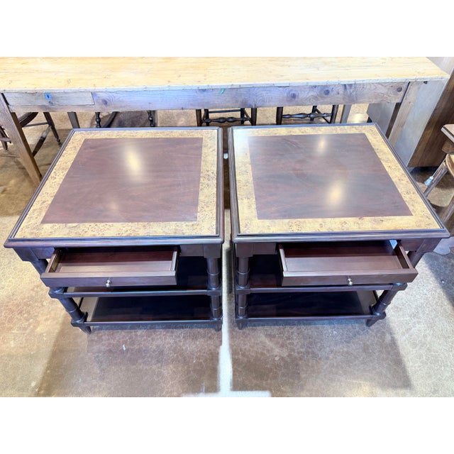 Woodbridge Furniture Late 20th Century Pair of Regency Style Mahogany Burl Inlay Side Tables For Sale - Image 4 of 11
