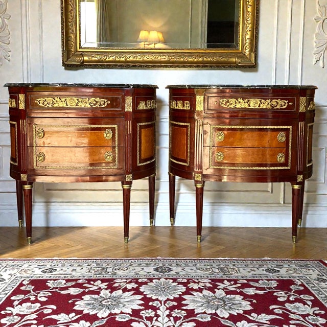 1960s Pair of French Louis XVI Style Demilune Marble Top Commodes | Nightstands | Bedside Tables For Sale - Image 11 of 11