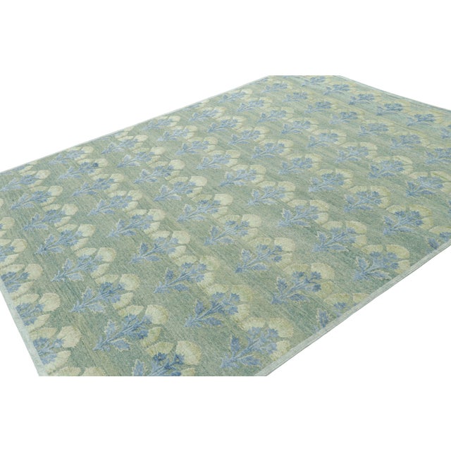 Rug & Kilim’s Custom Block Print Rug Design with Blue and Green Floral Pattern - 3x5 For Sale In New York - Image 6 of 6