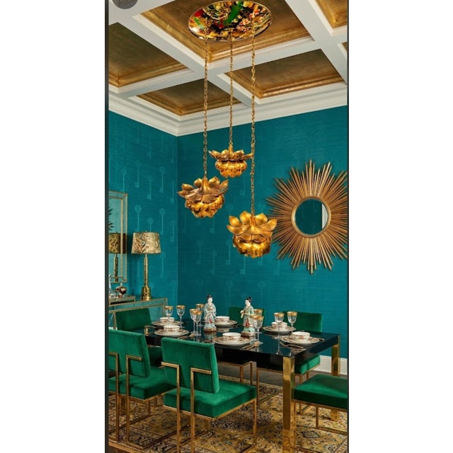 Vintage Brass Feldman Triple Lotus Flower Huge Pendant Disc Chandelier Light Fixture For Sale - Image 11 of 12