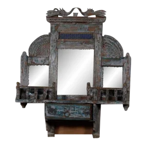 Vintage Indian Painted Teakwood Hanging Mirror
