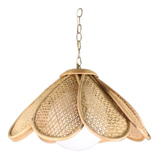 Vintage Retro Boho Hanging Ceiling Pendant Light Petal Cane Bamboo Wicker Bohemian Mid Century 60's 70's Globe Lamp Fixture Woven For Sale