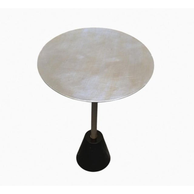 Mid-Century Modern Minimalist Round Coffee Table with Cast Iron Base and Silver-Coloured Wooden Top, Italy, 1970s For Sale - Image 3 of 7