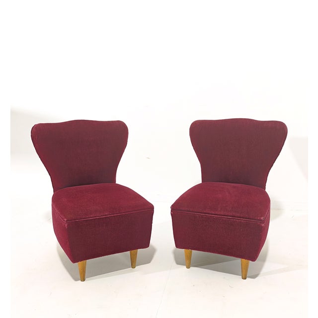 1950s Cherry Velvet Armchairs with Wooden Legs, Italy, 1960s, Set of 2 For Sale - Image 5 of 13