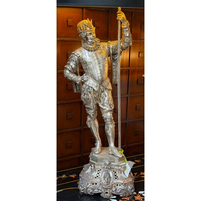 Large Antique Silver on Bronze Conquistador Figural Table Lamp For Sale In Los Angeles - Image 6 of 7