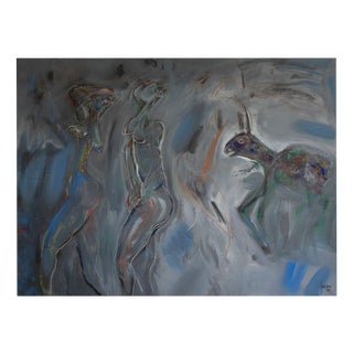 Jordi Samsó, Figures and Hare Abstract Figuration, Oil Painting For Sale