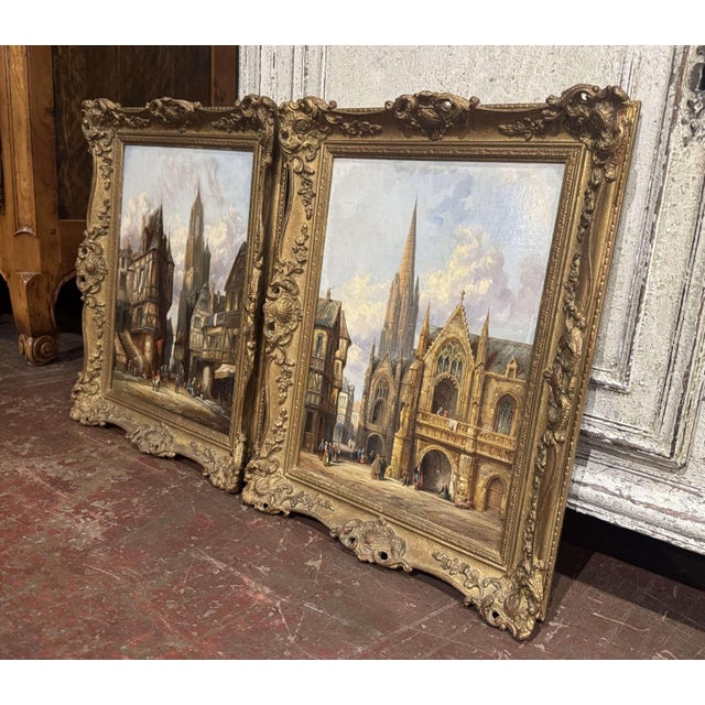 English Pair 19th Century European Townscape Oil Paintings by H. Schafer For Sale - Image 3 of 15
