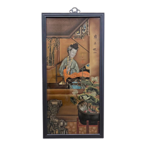Vintage Mid 20th Century Chinese "Doing Needlework by Candlelight" From "Twelve Beauties of Prince Yong" Series Framed Reverse Glass Painting