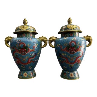 Exquisite Pair of Chinese Cloisonné Enamel Dragon General Jars With Beast Handles & Lids - 20" Tall For Sale
