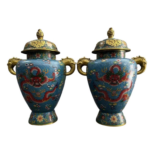 Exquisite Pair of Chinese Cloisonné Enamel Dragon General Jars With Beast Handles & Lids - 20" Tall For Sale