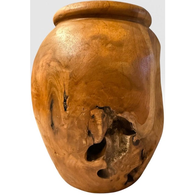 Handcrafted Wabi Sabi Turned Teak Root Wood Urn Vessel With Organic Natural Knots and Voids For Sale - Image 11 of 14
