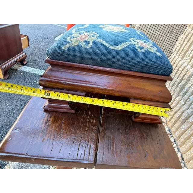 Brown Antique American Empire Mahogany Flower Needlepoint Small Ottoman For Sale - Image 8 of 9