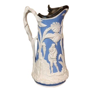 Antique 1850's t.j. & J. Mayer "Paul & Virginia" Blue & White Parian Pitcher For Sale