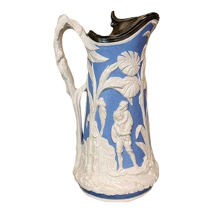 Antique 1850's t.j. & J. Mayer "Paul & Virginia" Blue & White Parian Pitcher