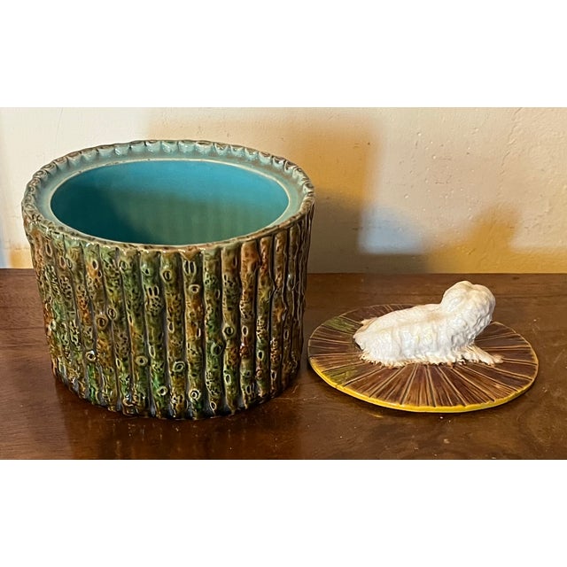 Antique 19th Century George Jones English Majolica Bamboo Faux Bois Oval Desk Box With White Dog Finial For Sale - Image 9 of 13