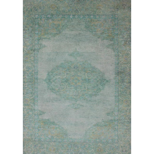 Modern Oushak Rug With Floral Medallion Design in Various Shades of Green 6'7" X 9'2" For Sale - Image 4 of 11