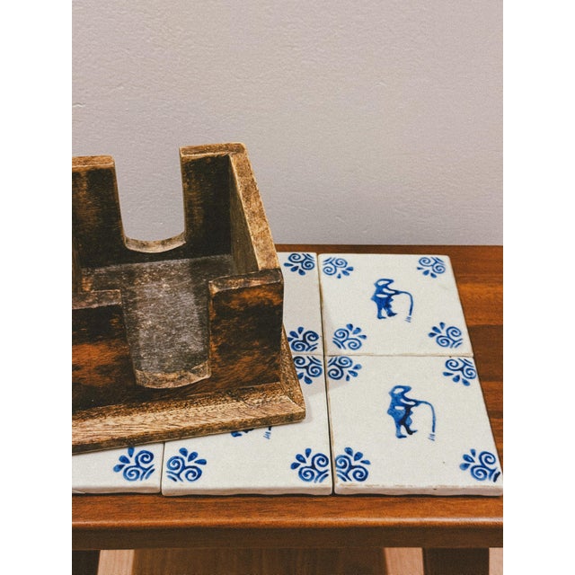 Portuguese Painted Faience Coasters with Wooden Stand, 1960s, Set of 7 For Sale - Image 4 of 8