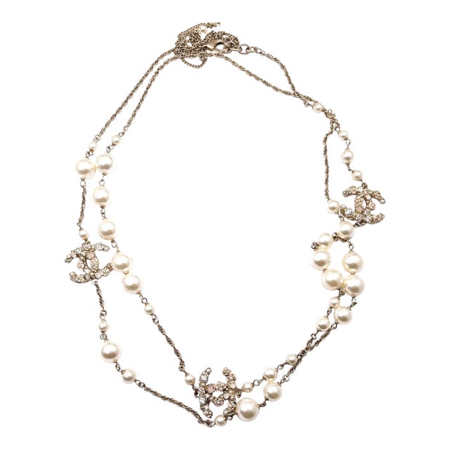 Chanel Gold CC Pastel Flower Crystal Pearl Long Necklace For Sale