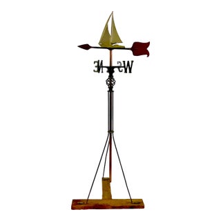 1920s Antique Coastal Americana Folk Art Sailboat Weathervane on Pine Stand For Sale