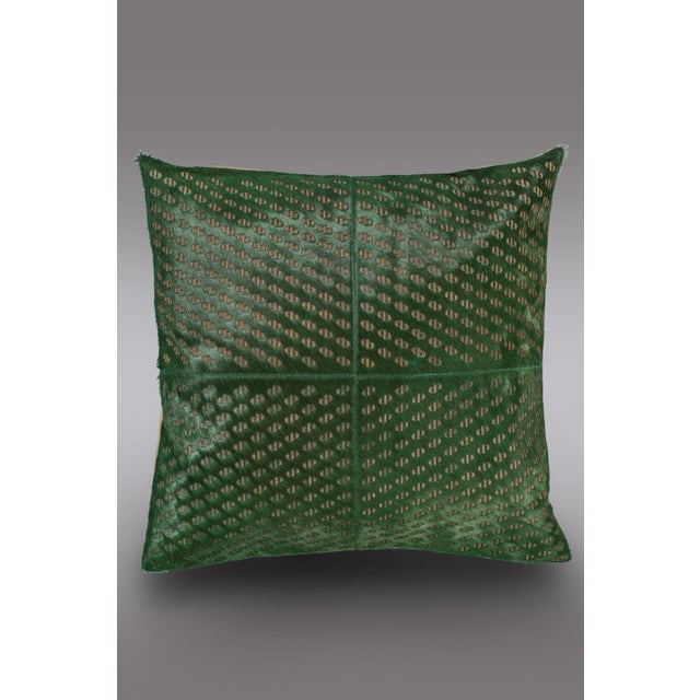 Contemporary Seaweed Green Patterned Cowhide Cushion with Leather Zip Tassels by Casa Botelho For Sale - Image 3 of 10