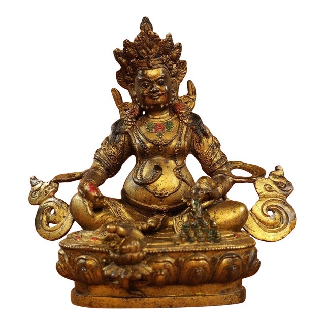 Late 19th Century Gilt Bronze Yellow Jambhala Statue, Buddhist Wealth Deity, 1.69kg For Sale