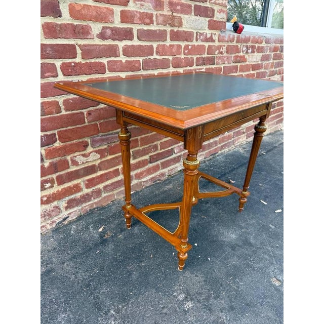 Vintage Louis XvI Style Marquetry Stretcher Base Brass Mounted Floral Inlaid Card Table For Sale - Image 9 of 16