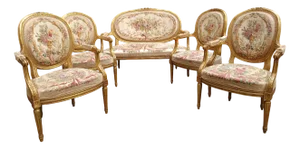 Louis XVI Gilded Wood Medallion Lounge Set, 1890s, Set of 5