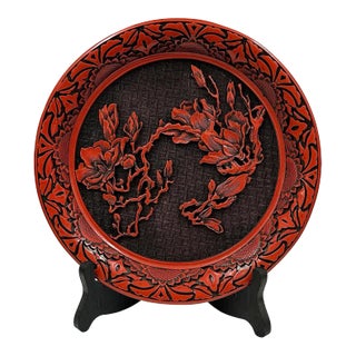 Mid-20th Century Chinese Hand Carved Cinnabar Lacquer Plate For Sale