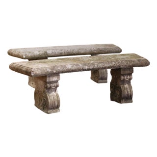 Pair of Early 20th Century French Weathered Curved Cast Stone Garden Benches For Sale