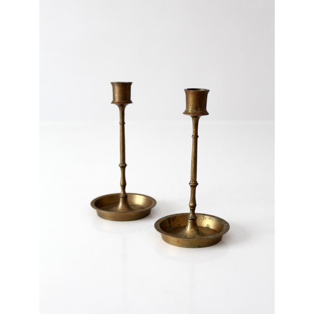 Mid-Century Engraved Brass Candlesticks Holders For Sale - Image 4 of 8