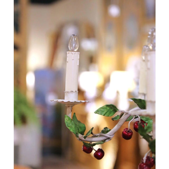 Bright Green Early 20th Century French Tole Chandelier With Painted Metal Cherries and Leaves For Sale - Image 8 of 9