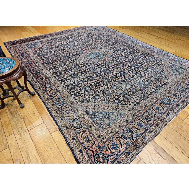 19th Century Antique Persian Tabriz Mahi Rug, Hand-Knotted Wool, Herati Geometric Pattern, Navy & Pale Red, 9x12 For Sale - Image 5 of 15