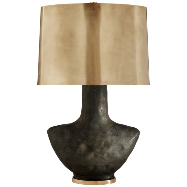 Visual Comfort Kelly Wearstler for Visual Comfort Signature Armato Small Table Lamp in Stained Black Metallic Ceramic with Oval Antique-Burnished Brass Shade For Sale - Image 4 of 6