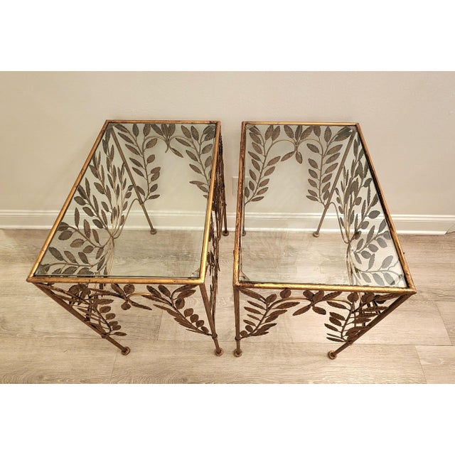 Vintage French Botanical Sweet and Petite Gilded Tole Glass Top Side Tables-a Pair For Sale In Los Angeles - Image 6 of 8