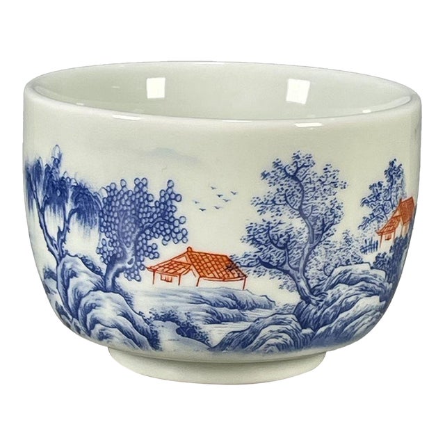 Late 20th Century Chinese Blue & White Porcelain Master Tea Cup With Landscape Scene For Sale
