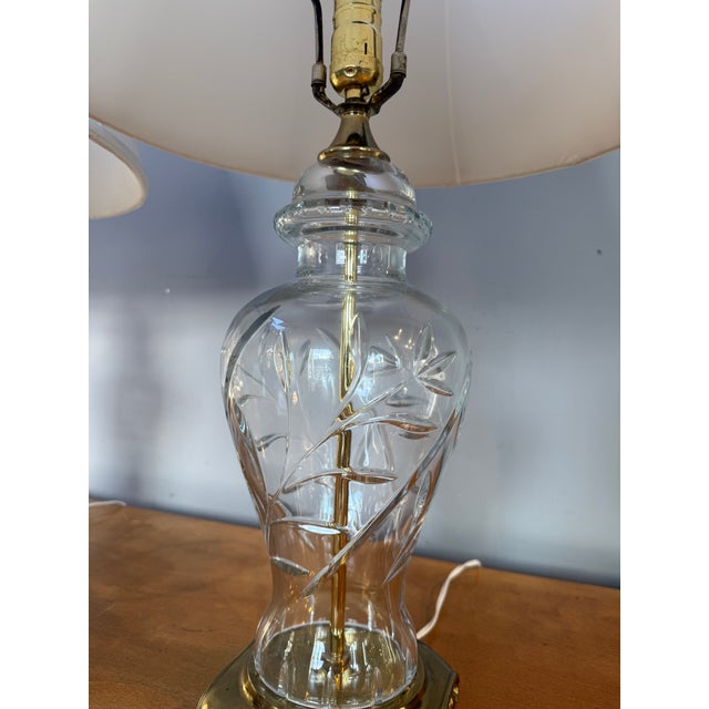 Late 20th Century Vintage Pair Cut Crystal and Brass Table Lamps With Pleated Silk Shades For Sale - Image 5 of 18